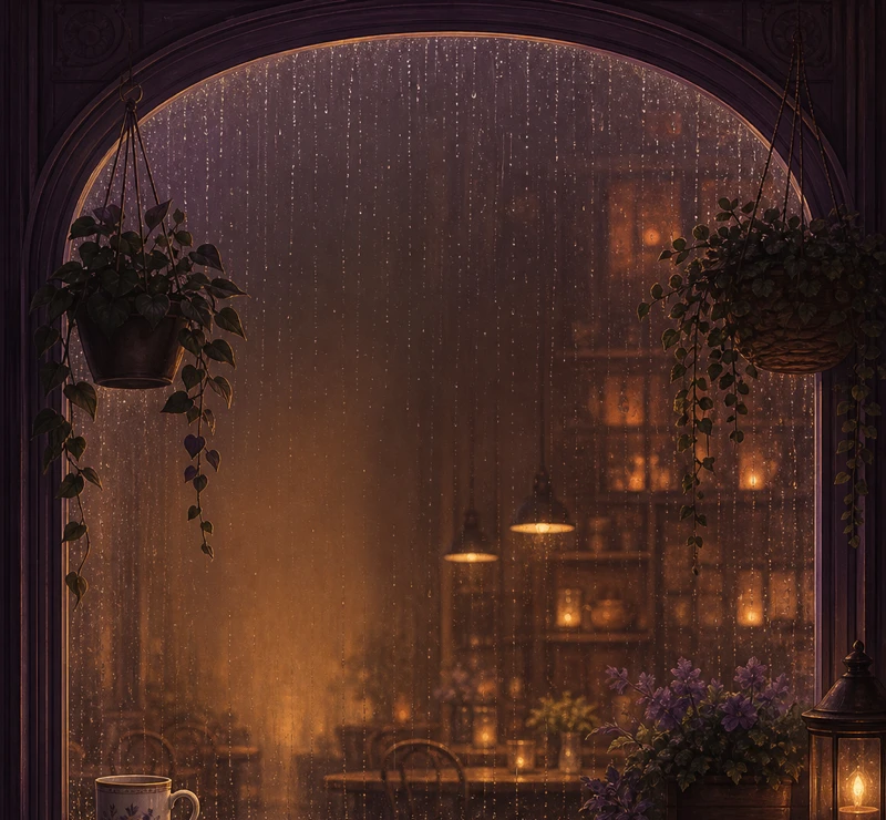 The Rainy Café daily view — an arched window streaked with rain, a warm mug on the sill, plants and candlelit shelves glowing in the café beyond.