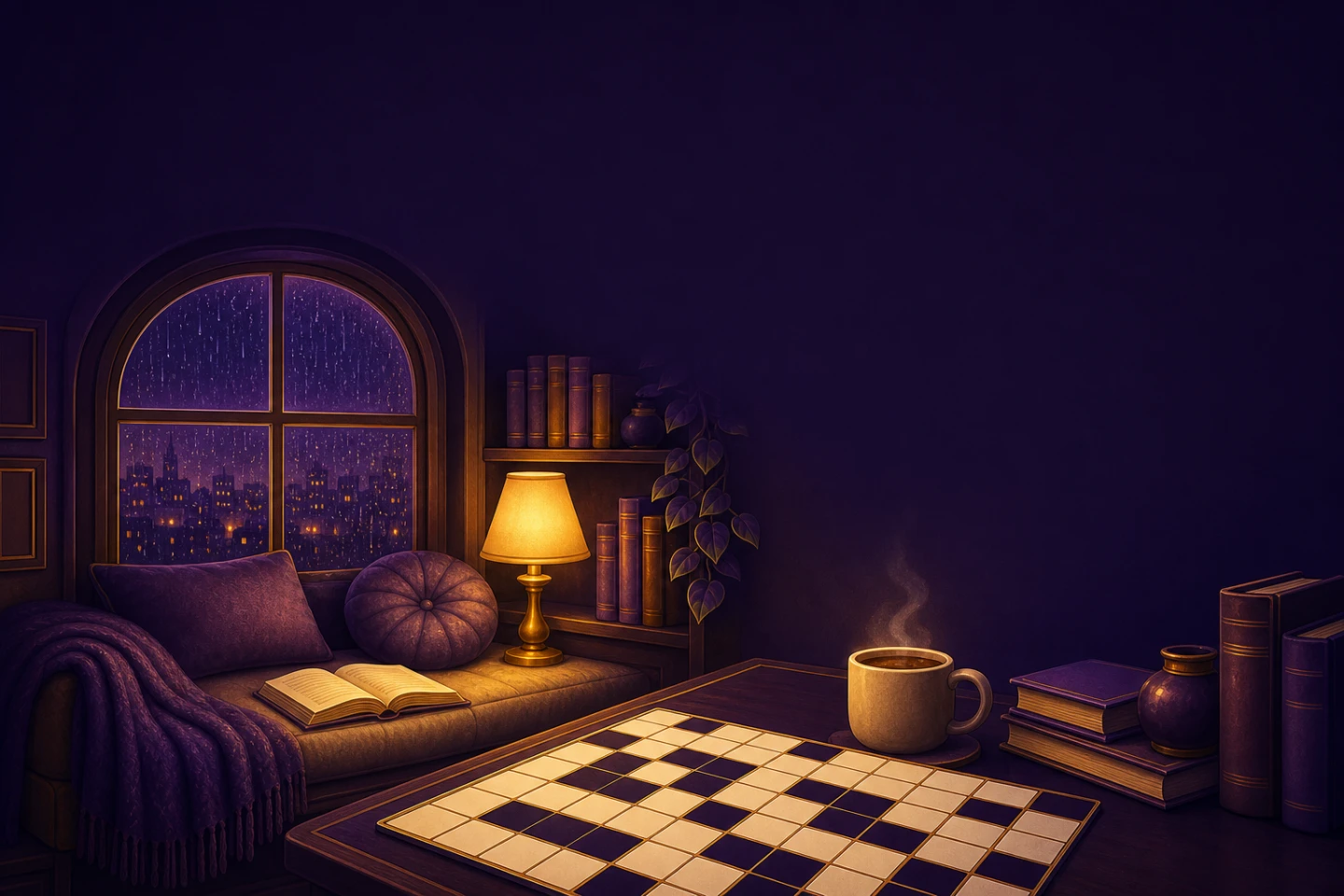 A cozy lamplit reading nook on a rainy night — a crossword grid resting on the table beside a steaming mug and stacked books, with rain streaking the window over a glowing city.