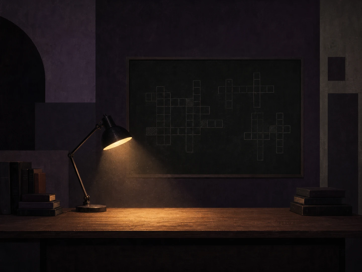 The Very Serious Grid Room theme — an architect's lamp lighting a wooden desk stacked with books, a framed crossword grid on the wall above.