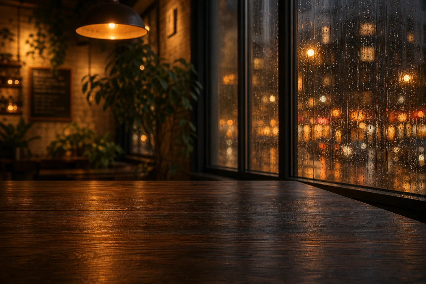 The Rainy Café theme — a dark-wood table by a rain-streaked window glowing with city bokeh, a hanging lamp and a leafy plant in the warm gloom.