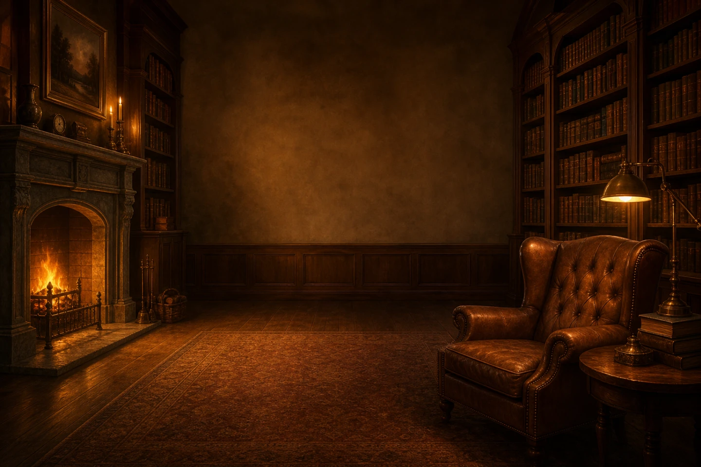 The Cozy Library theme — a fire in the hearth, floor-to-ceiling bookshelves, a leather wingback chair and a brass reading lamp.