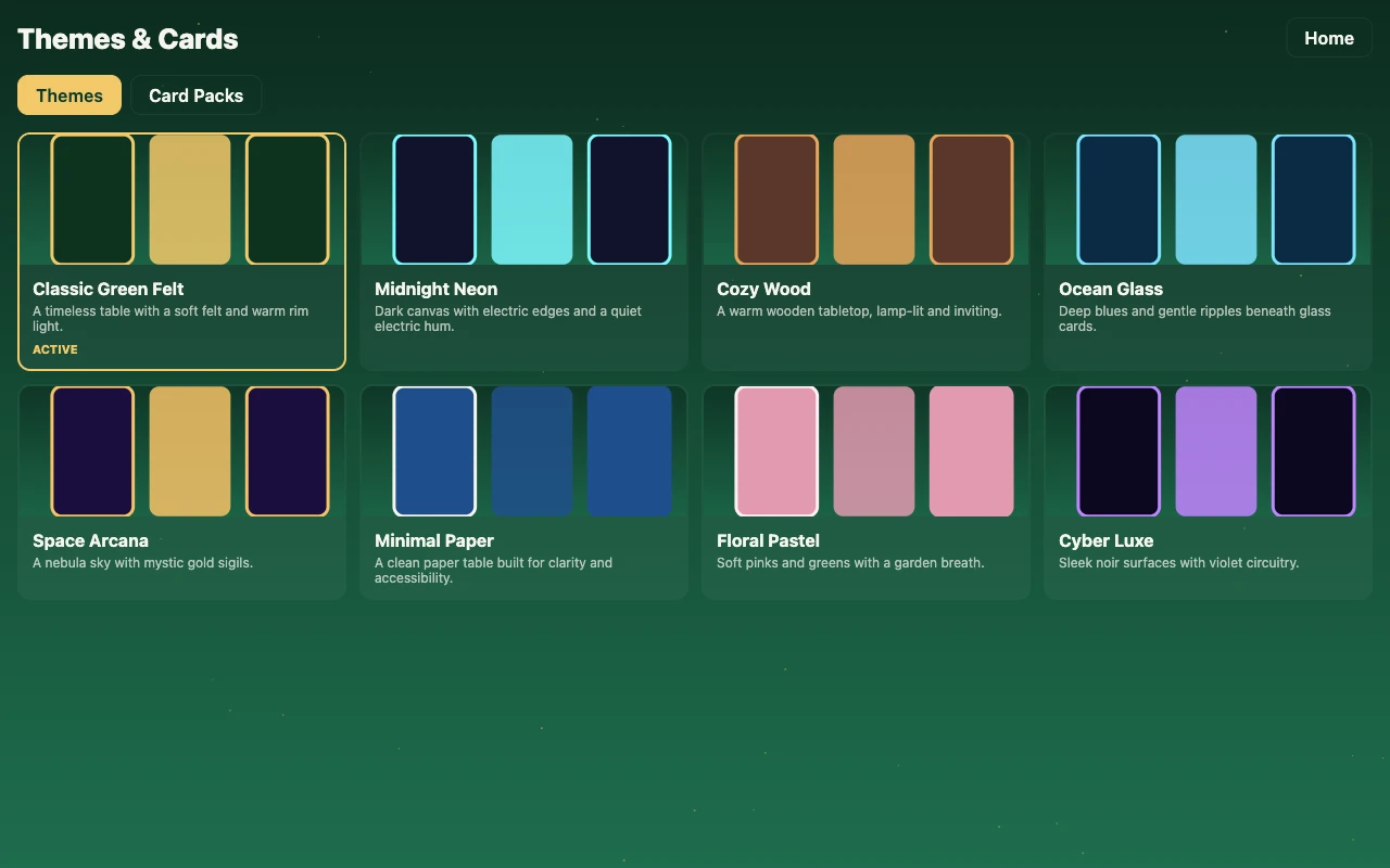 Klondike rendered in eight different decks: Standard Classic, Royal Renaissance, Sumi Ink, Fantasy Arcana, Stained Glass Cathedral, Pop Art Pulp, Cyber-Samurai, and Pixel Art Quest.