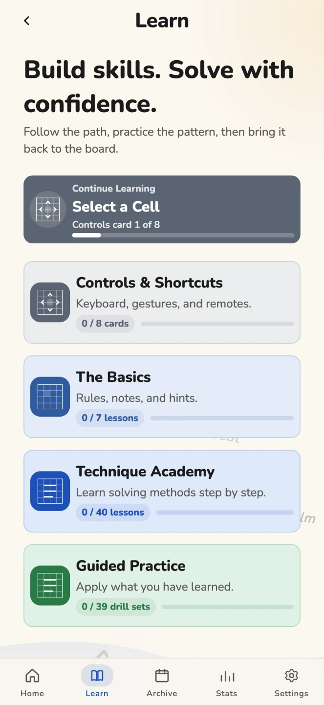 Sudoku Haven Learn tab — Controls, The Basics, the Technique Academy, and Guided Practice.