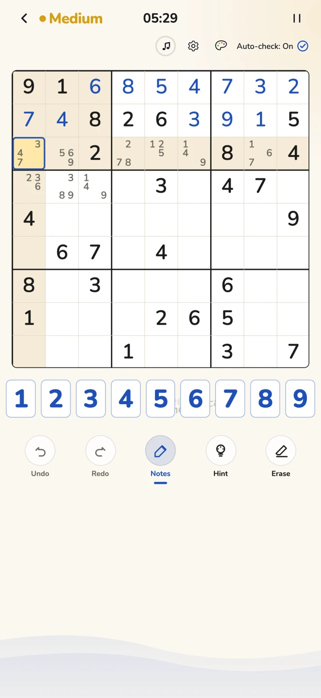 Sudoku Haven board mid-game with pencil notes and the Undo, Redo, Notes, Hint, and Erase controls.