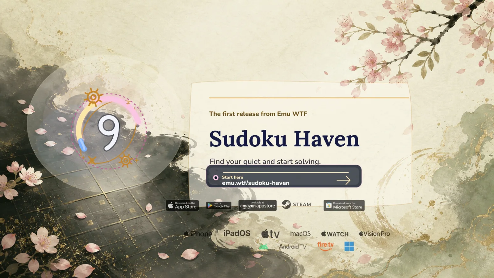 Sudoku Haven trailer end card — the gear-and-nine logo with falling cherry blossoms.