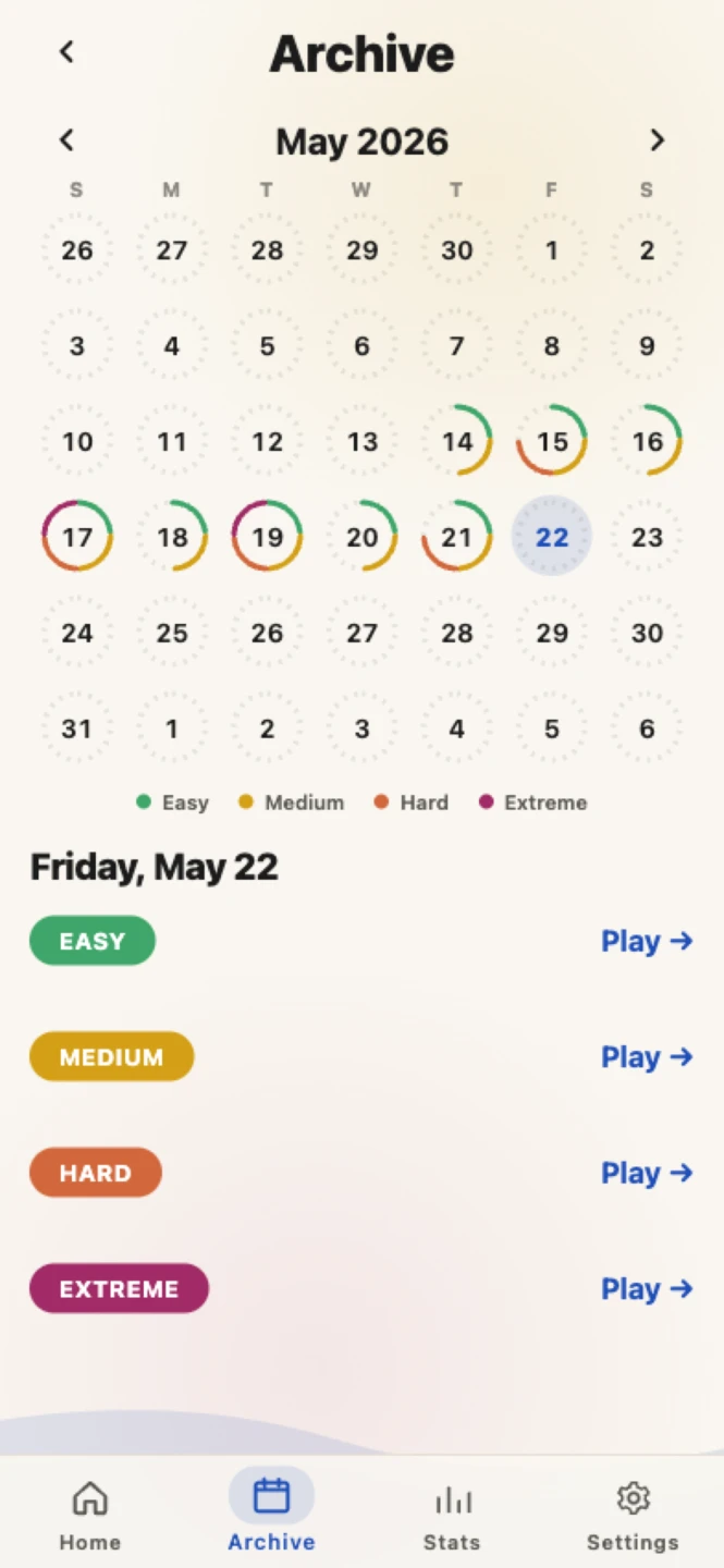 Sudoku Zen archive calendar showing daily puzzle availability by month.