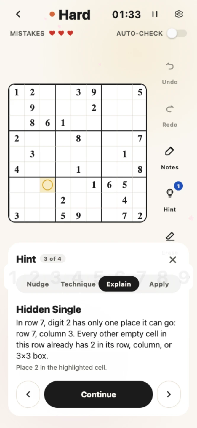 Sudoku Zen hint — an explained move with apply button.