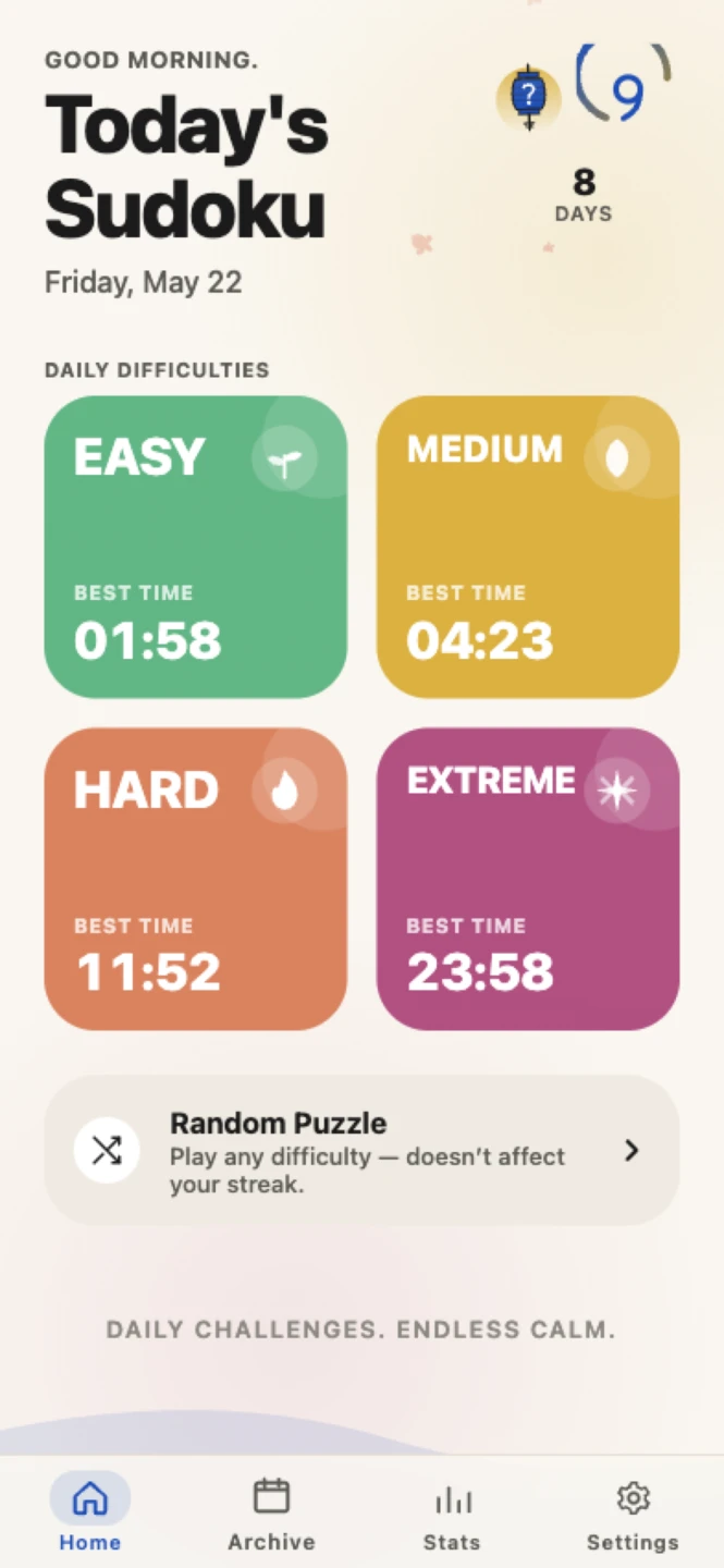 Sudoku Zen home — four difficulty cards for the day's puzzles.