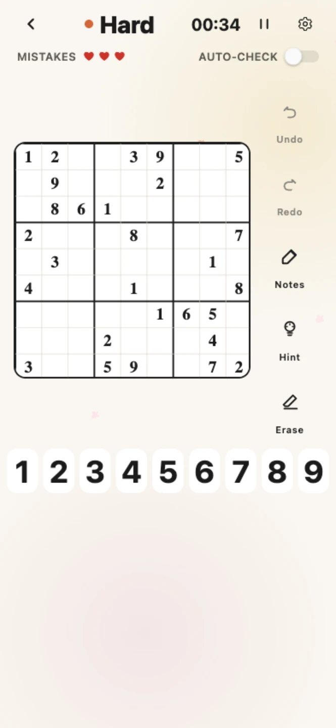 Sudoku Zen mid-play — a hard puzzle in progress.