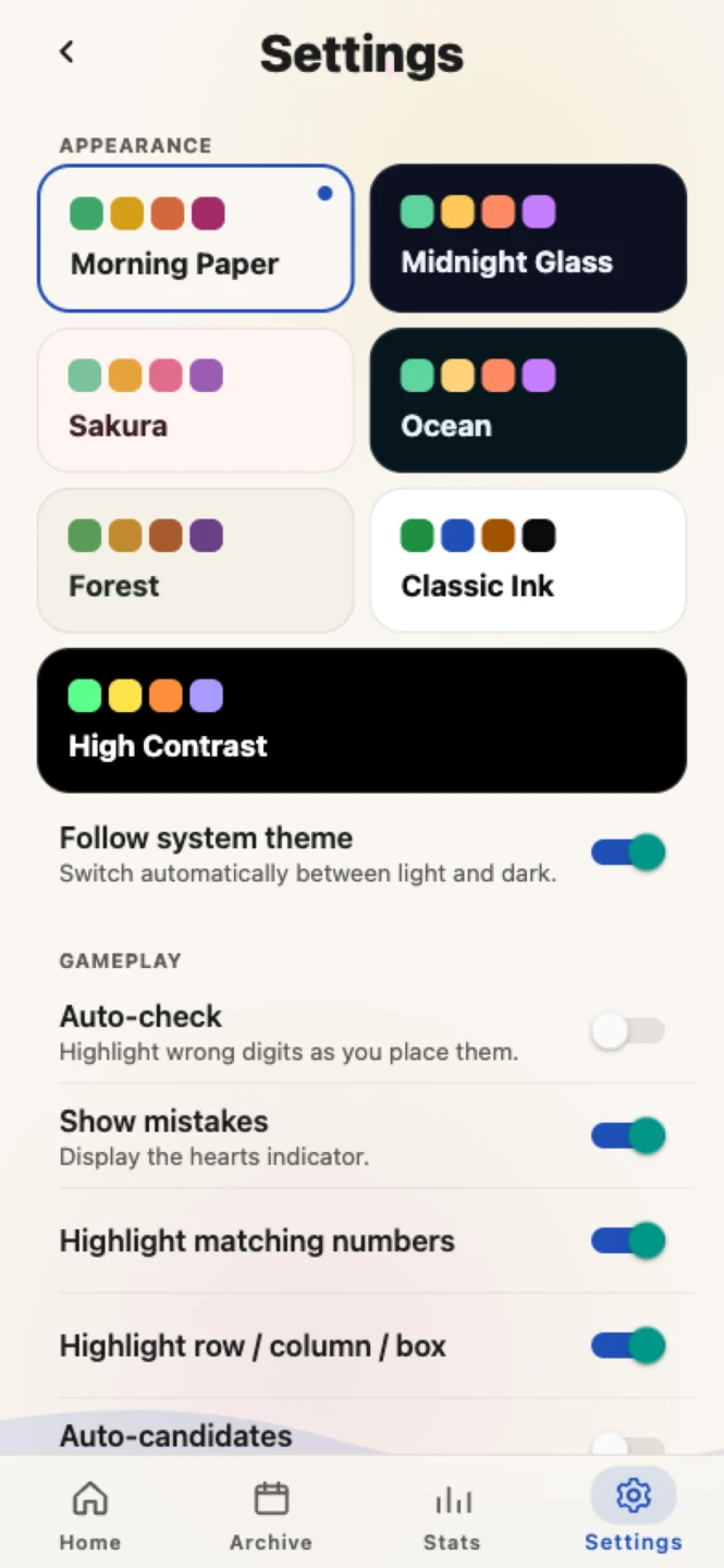 Sudoku Zen themes — seven curated themes including Morning Paper and Sakura.