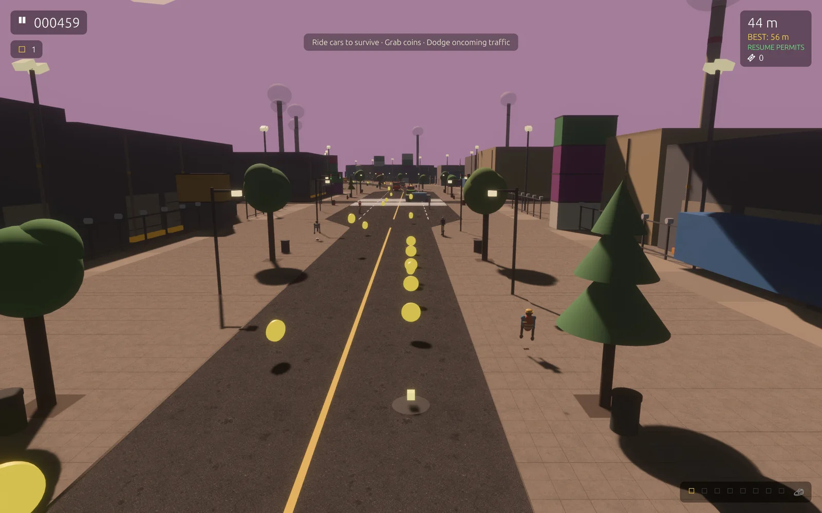 Live capture from a real run — the runner threading three lanes of obstacles on the city road.