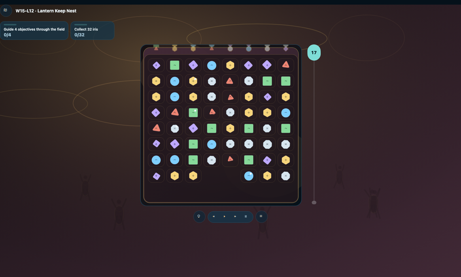Wide late-game Shapes board with warm lantern tones and multiple objectives.